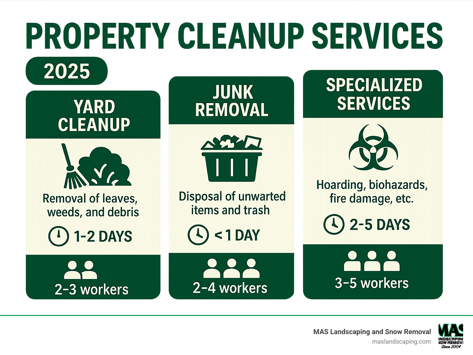 Comprehensive breakdown of property cleanup services including yard cleanup, junk removal, and specialized services with timelines and team sizes - property cleanup services infographic 