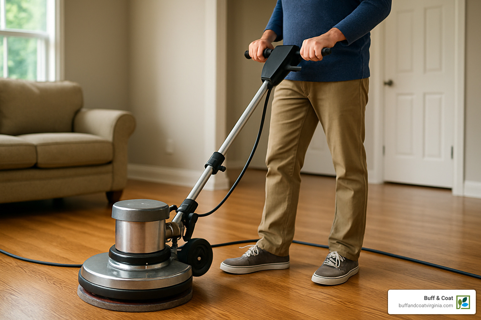 Person operating a floor buffer with smooth, controlled motions - how to buff wood floors