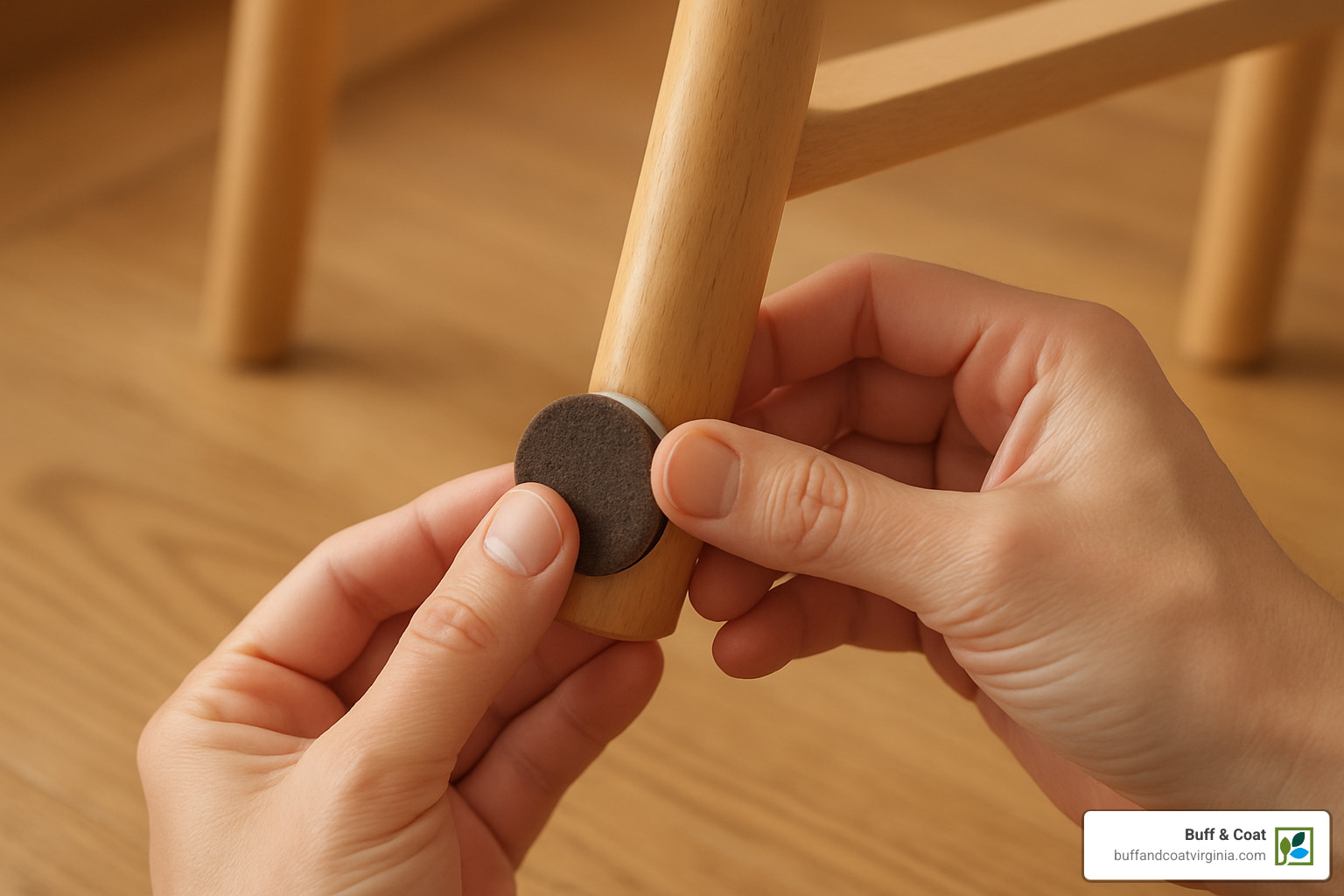 Felt pads being applied to chair legs - how to buff wood floors