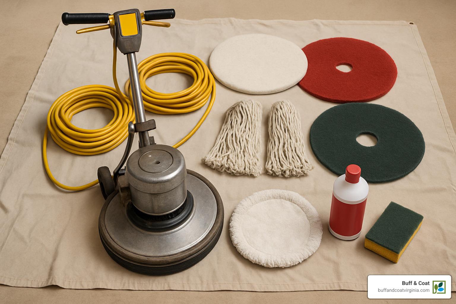 Floor buffing tools and supplies laid out on a drop cloth - how to buff wood floors