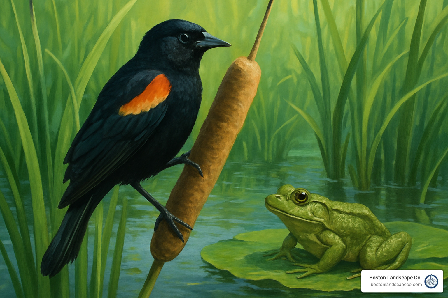 diverse wildlife including red-winged blackbird and frog in lush wetland setting - educational wetland landscape architecture