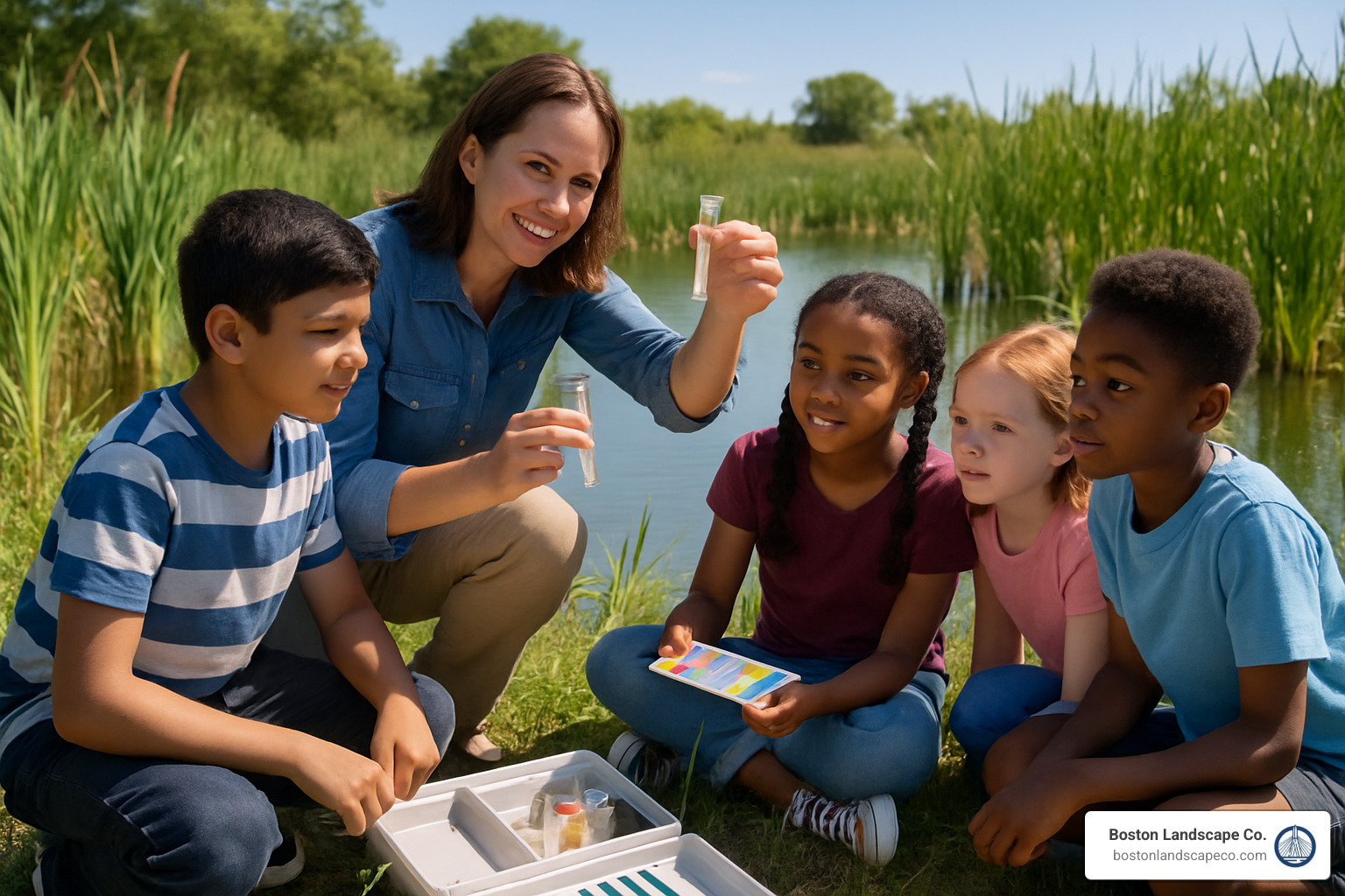 teacher and students using water testing kit at edge of school wetland - educational wetland landscape architecture