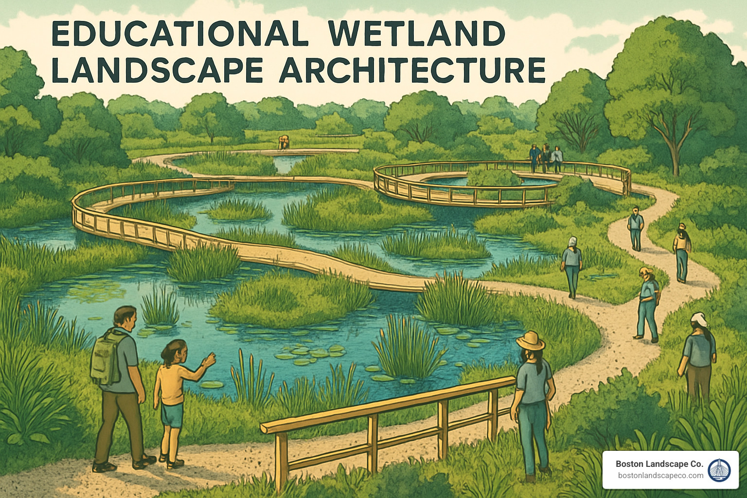 landscape architect's detailed plan for wetland showing different zones, paths, and planting schemes - educational wetland landscape architecture