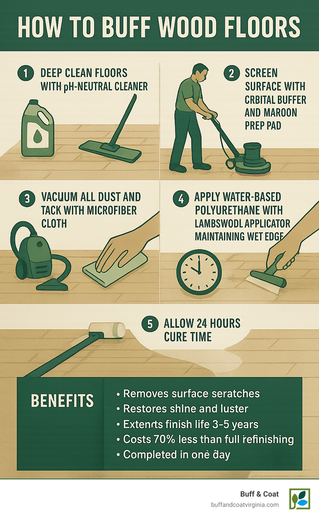Infographic showing the buffing process: Step 1 - Deep clean floors with pH-neutral cleaner, Step 2 - Screen surface with orbital buffer and maroon prep pad working with the grain, Step 3 - Vacuum all dust and tack with microfiber cloth, Step 4 - Apply water-based polyurethane with lambswool applicator maintaining wet edge, Step 5 - Allow 24 hours cure time. Benefits highlighted: Removes surface scratches, restores shine and luster, extends finish life 3-5 years, costs 70% less than full refinishing, completed in one day - how to buff wood floors infographic