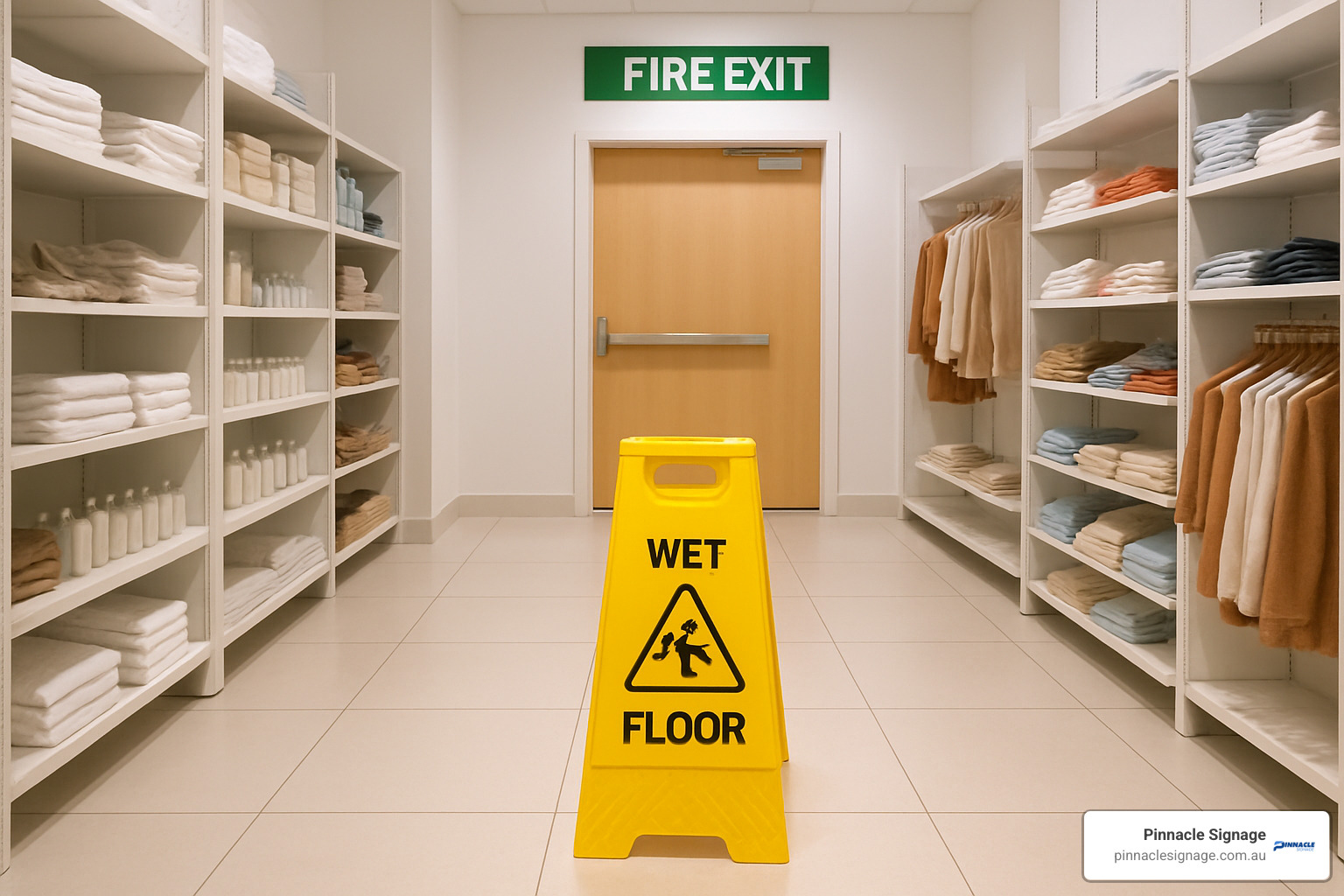 Clean retail space with visible 'Wet Floor' sign and clear 'Fire Exit' sign - Health and Safety Signage