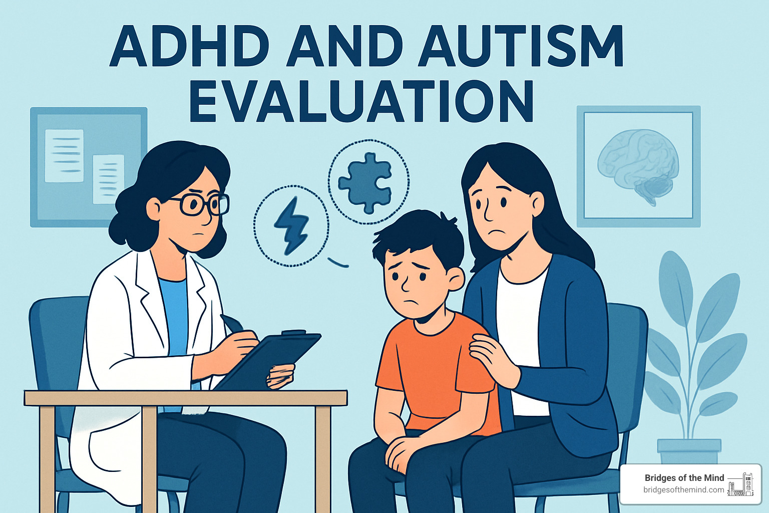 Calm and professional evaluation setting with comfortable seating and assessment materials - ADHD and autism evaluation