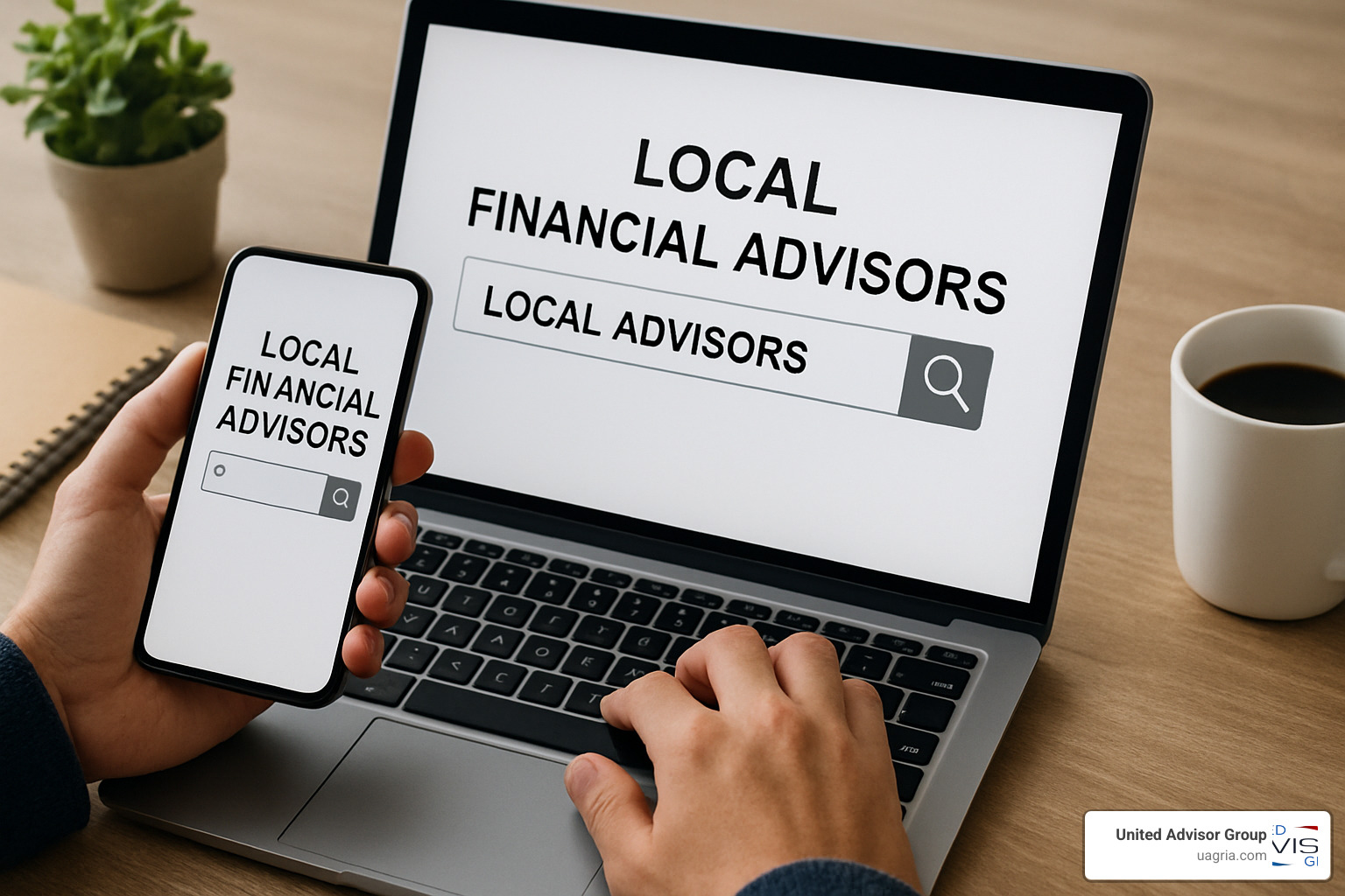 Person using laptop and phone to search for local financial advisors - retirement tax planning advisor near me