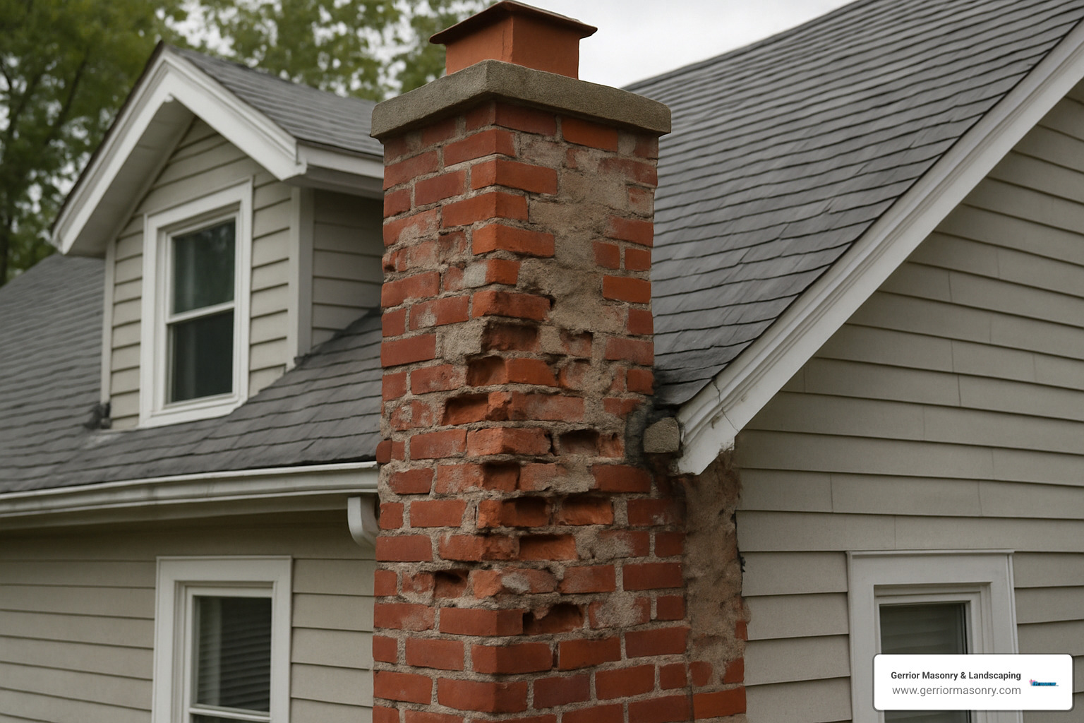 damaged chimney with spalling bricks and mortar deterioration - chimney repair contractor