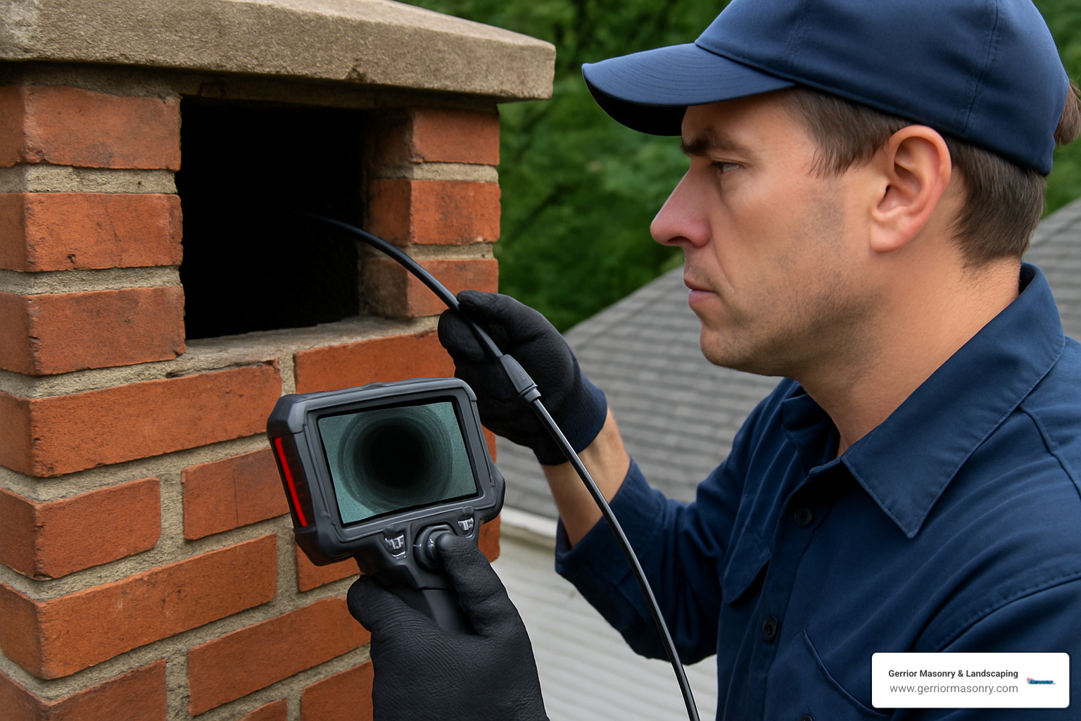 chimney inspector using camera equipment to examine flue interior - chimney repair contractor