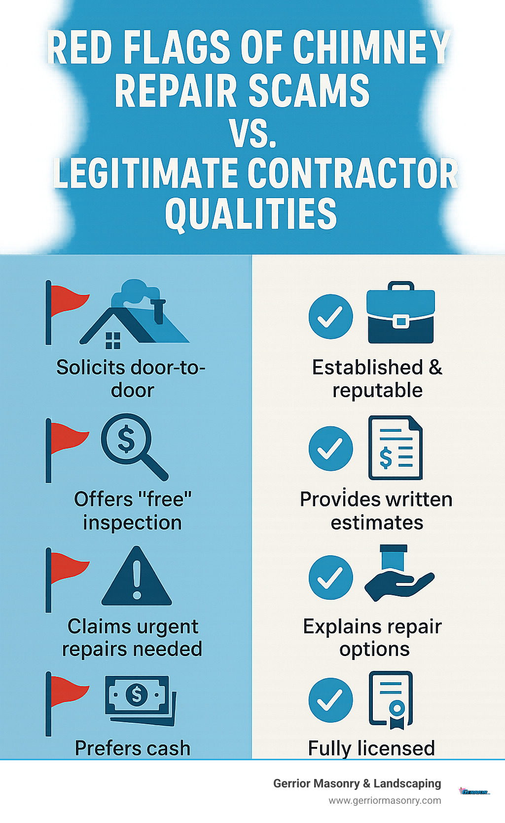 infographic showing red flags of chimney repair scams versus legitimate contractor qualities - chimney repair contractor infographic 