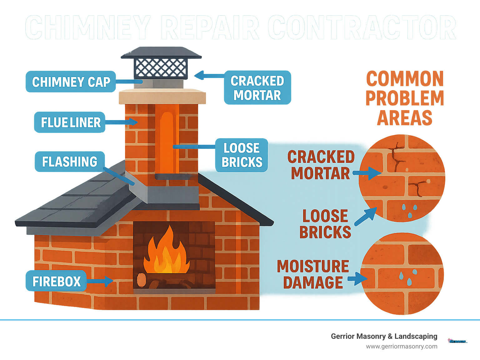 Detailed infographic showing chimney system components including flue liner, chimney crown, cap, flashing, damper, firebox, and common problem areas with arrows pointing to each element - chimney repair contractor infographic 