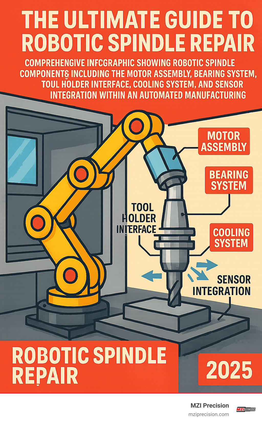 Comprehensive infographic showing robotic spindle components including the motor assembly, bearing system, tool holder interface, cooling system, and sensor integration within an automated manufacturing cell - robotic spindle repair infographic