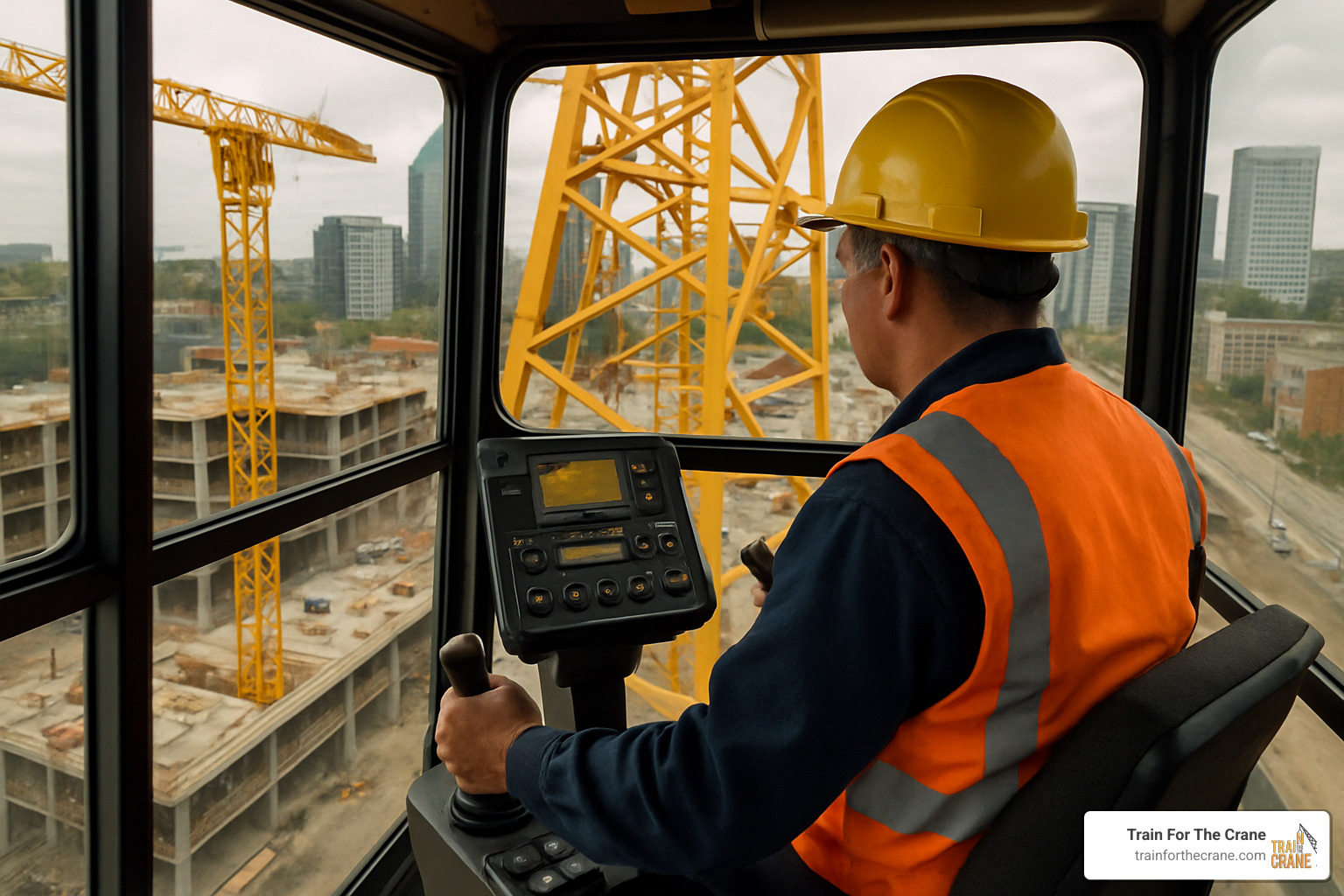 crane operator inside a cab looking at controls - how to become a crane operator in nyc