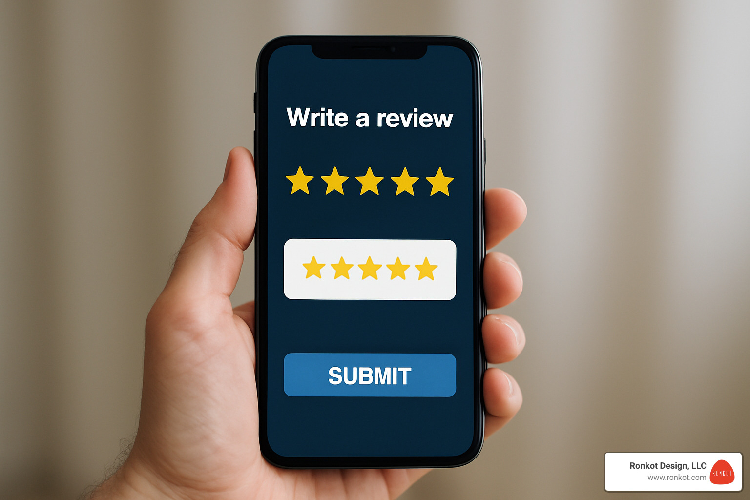 customer using smartphone to leave a 5-star review, with review stars and rating interface visible on screen - local seo strategy