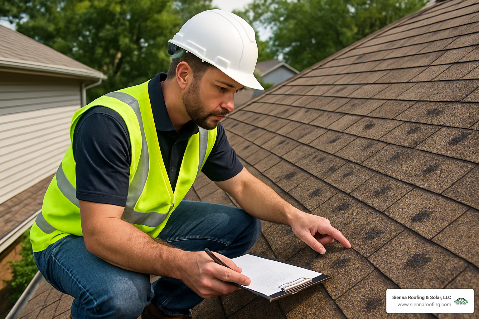 professional roofing inspector examining hail damage on a residential roof - hail damaged shingles