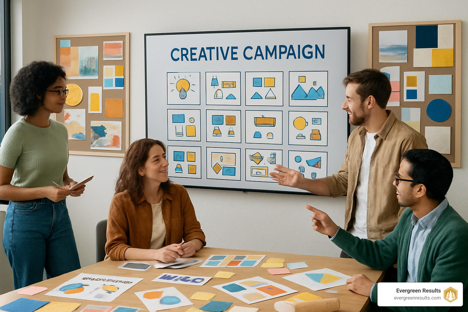 Marketing team collaborating on a creative campaign storyboard with mood boards and brand elements - lifestyle marketing agency