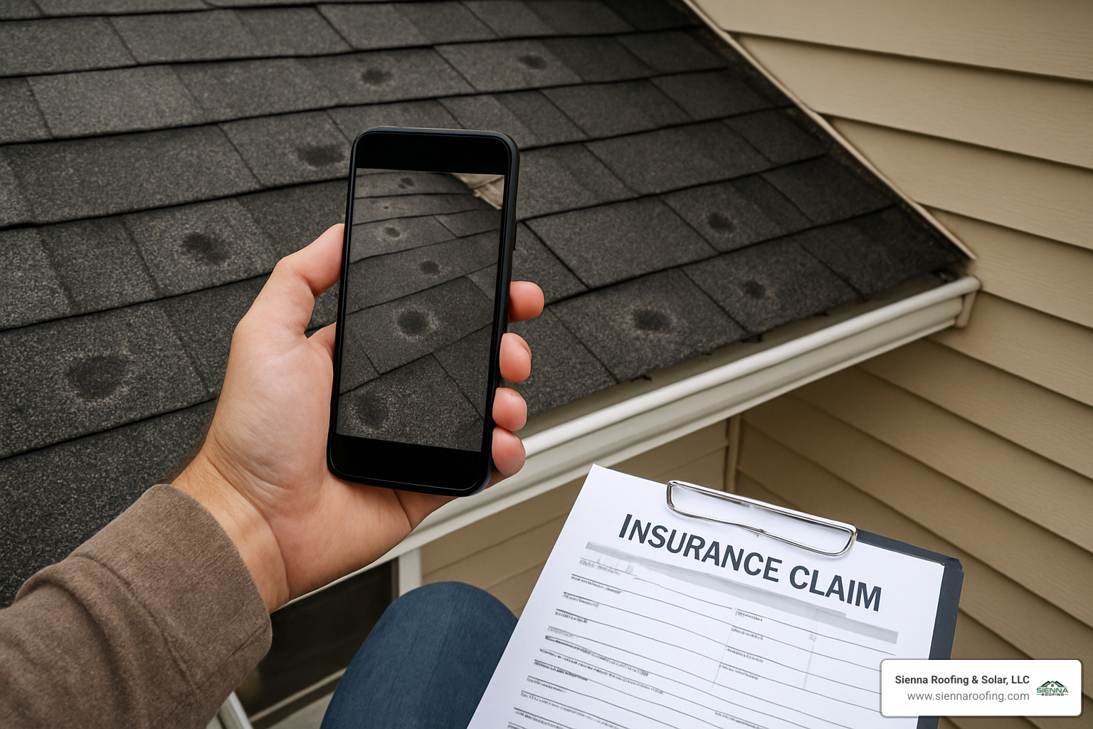 homeowner documenting hail damage with camera and insurance paperwork - hail damaged shingles
