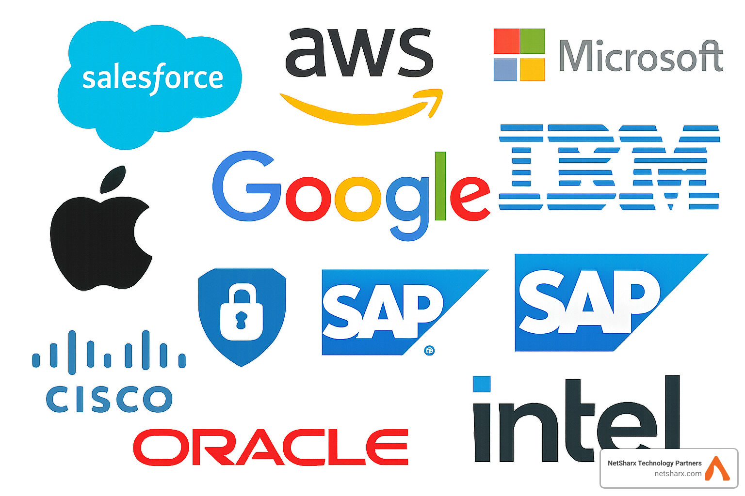 Various technology logos arranged in a collage showing cloud, security, CRM, and other technology specializations - it implementation consultant