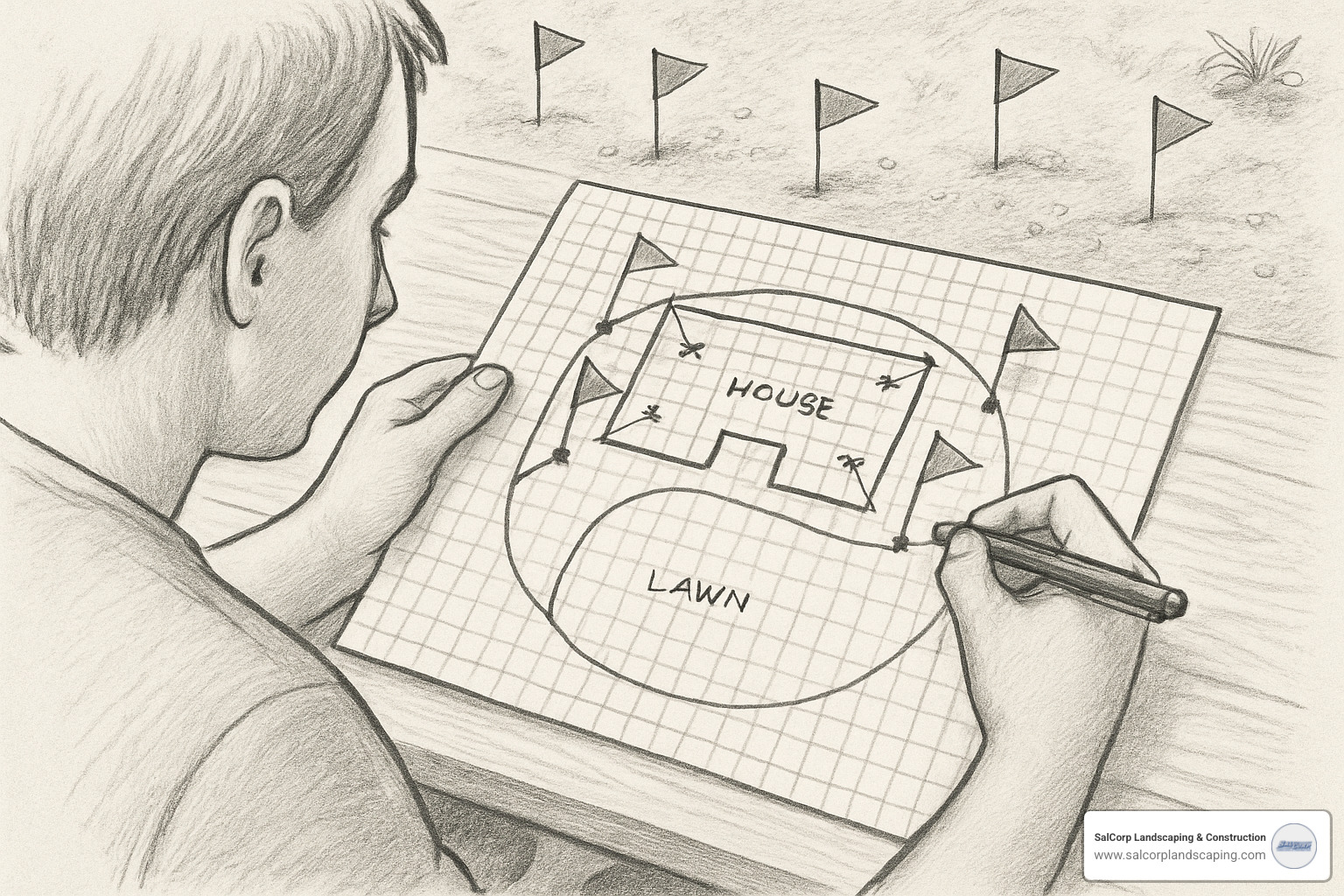 homeowner sketching a yard plan on graph paper with flags marking sprinkler locations - installing an automatic sprinkler system