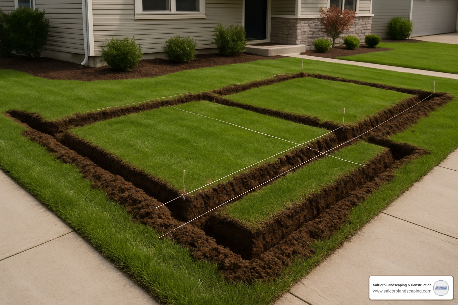 trenches dug in a yard following string lines - installing an automatic sprinkler system