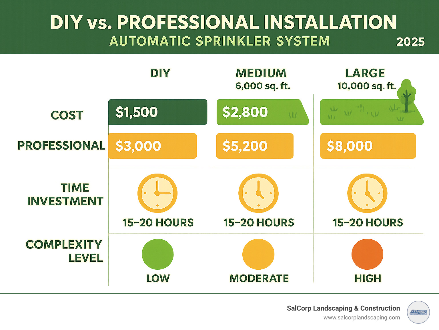 Cost breakdown comparison showing DIY vs professional installation costs, time investment, and complexity levels for different yard sizes - installing an automatic sprinkler system infographic 