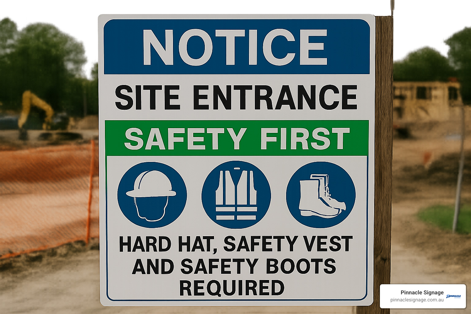 Strategic sign placement at a site entrance, showing a multi-message sign with hard hat, vest, and boots symbols - hard hat area signage