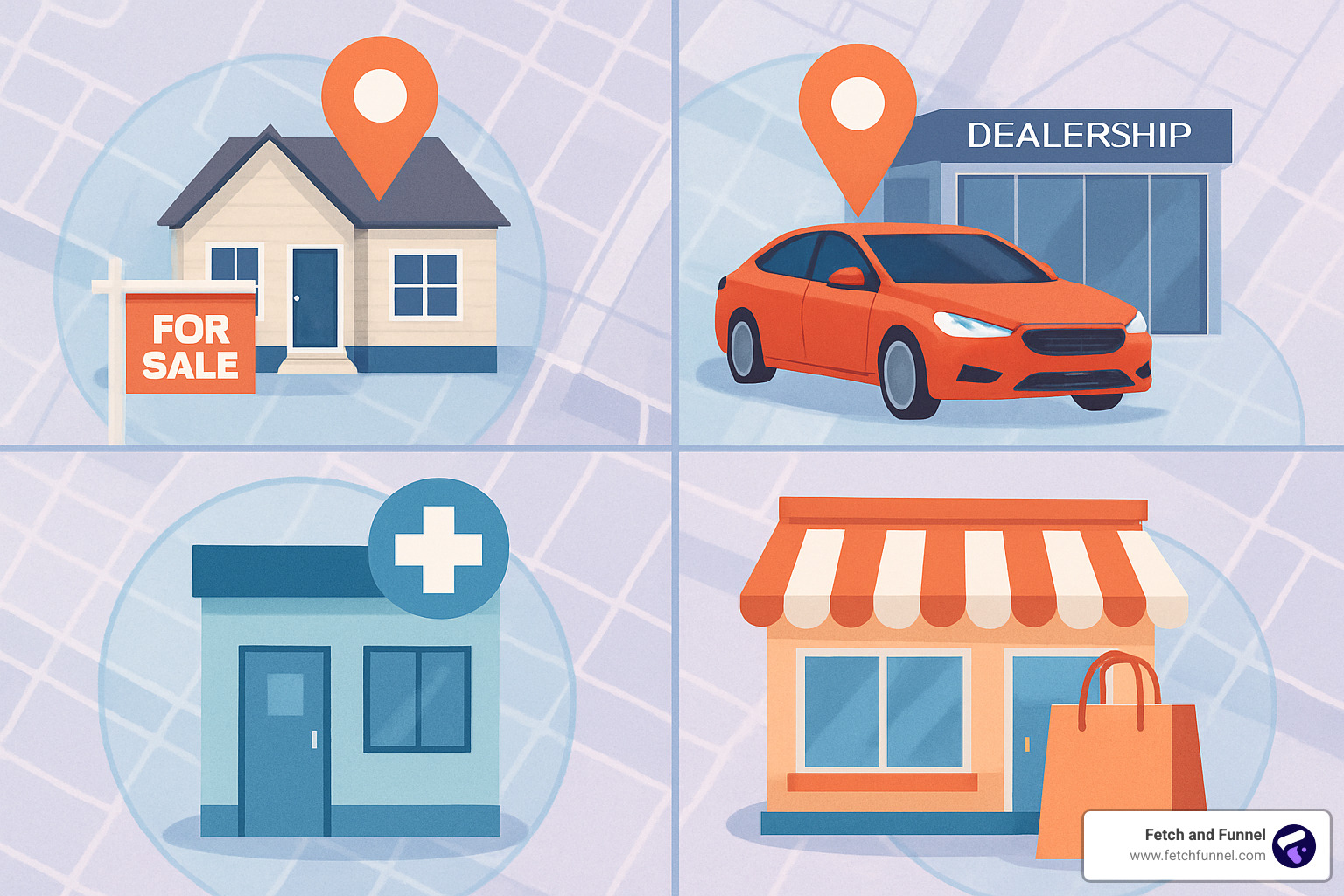 Collage showing various industries like real estate, automotive, healthcare, and retail benefiting from precise addressable geofencing campaigns - addressable geo fencing