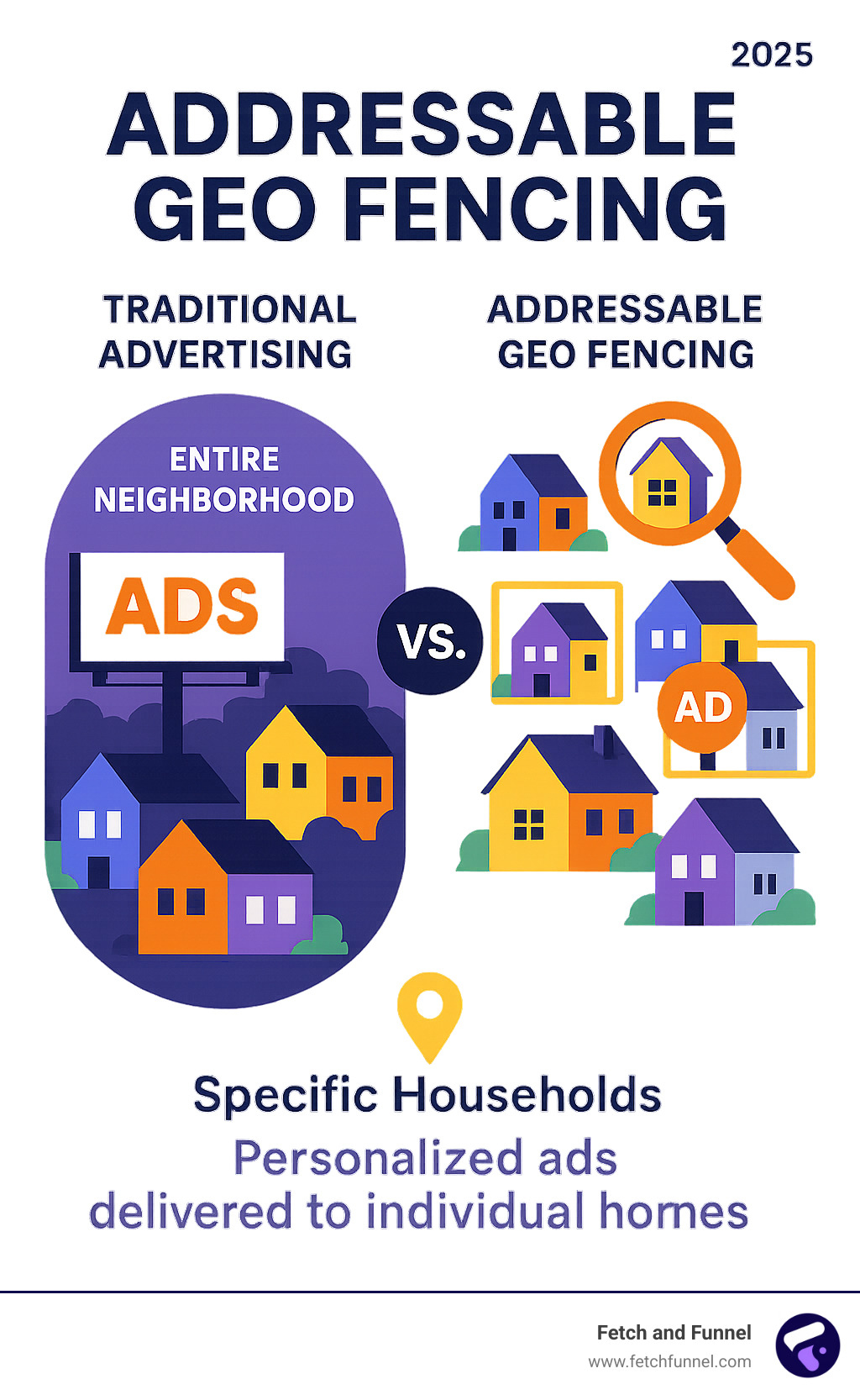 Infographic showing the difference between traditional broad-reach advertising like billboards targeting entire neighborhoods versus addressable geo fencing technology that delivers personalized ads directly to specific households using property boundary data and address lists - addressable geo fencing infographic