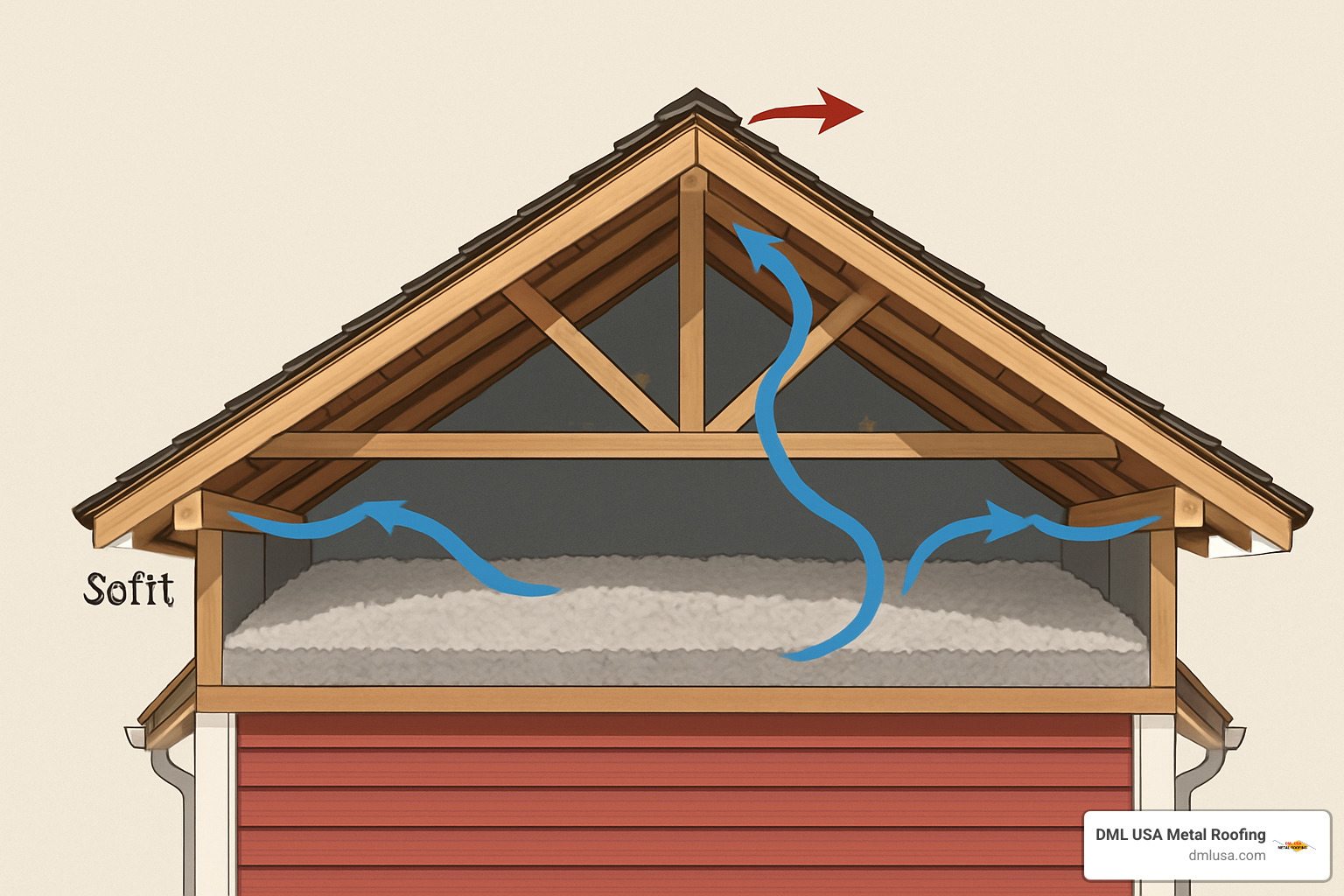 Cutaway view of an attic showing proper insulation and airflow from soffit to ridge vents - energy efficient roofing illinois