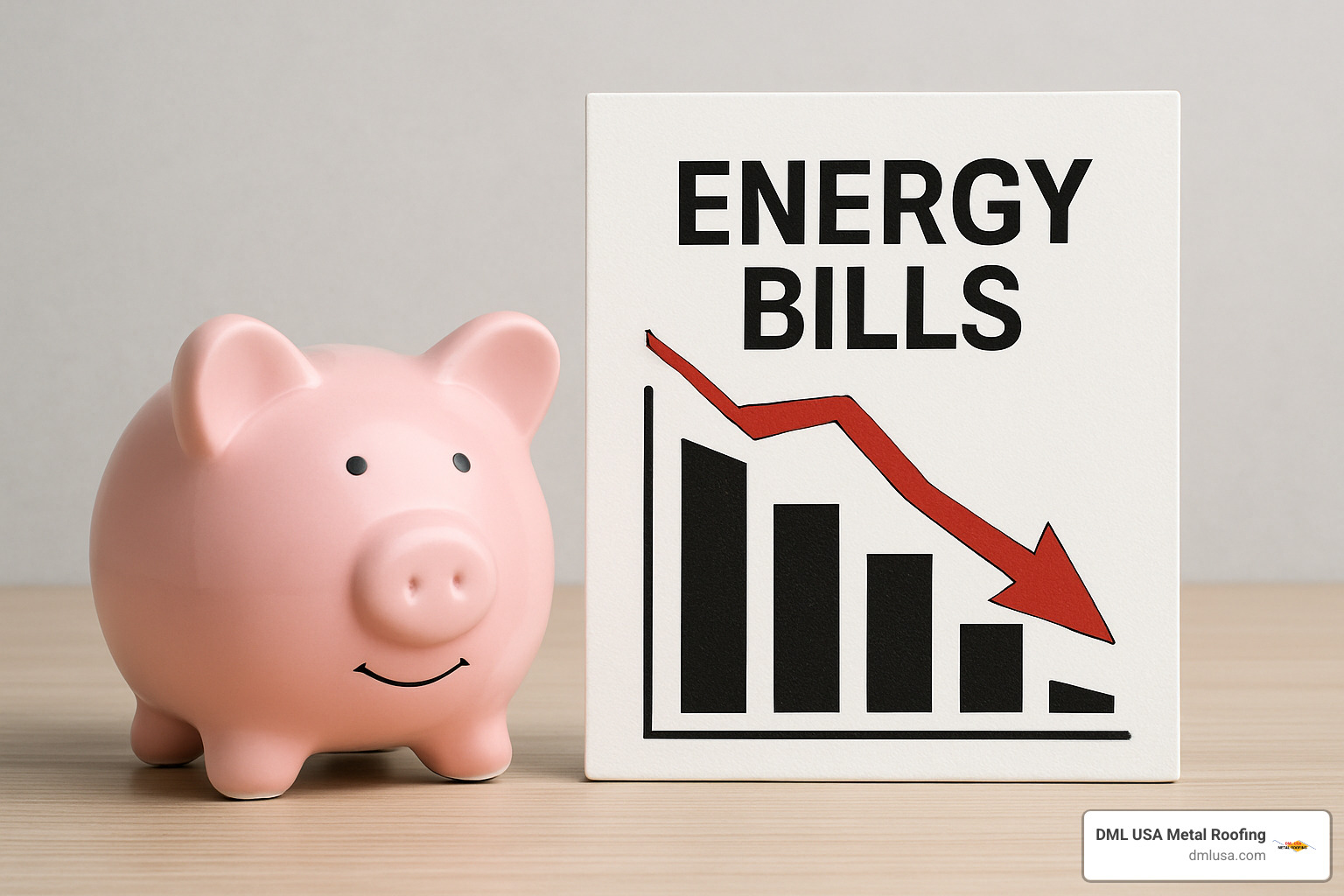 Piggy bank next to a diagram showing decreasing energy bills over time with energy efficient roofing - energy efficient roofing illinois