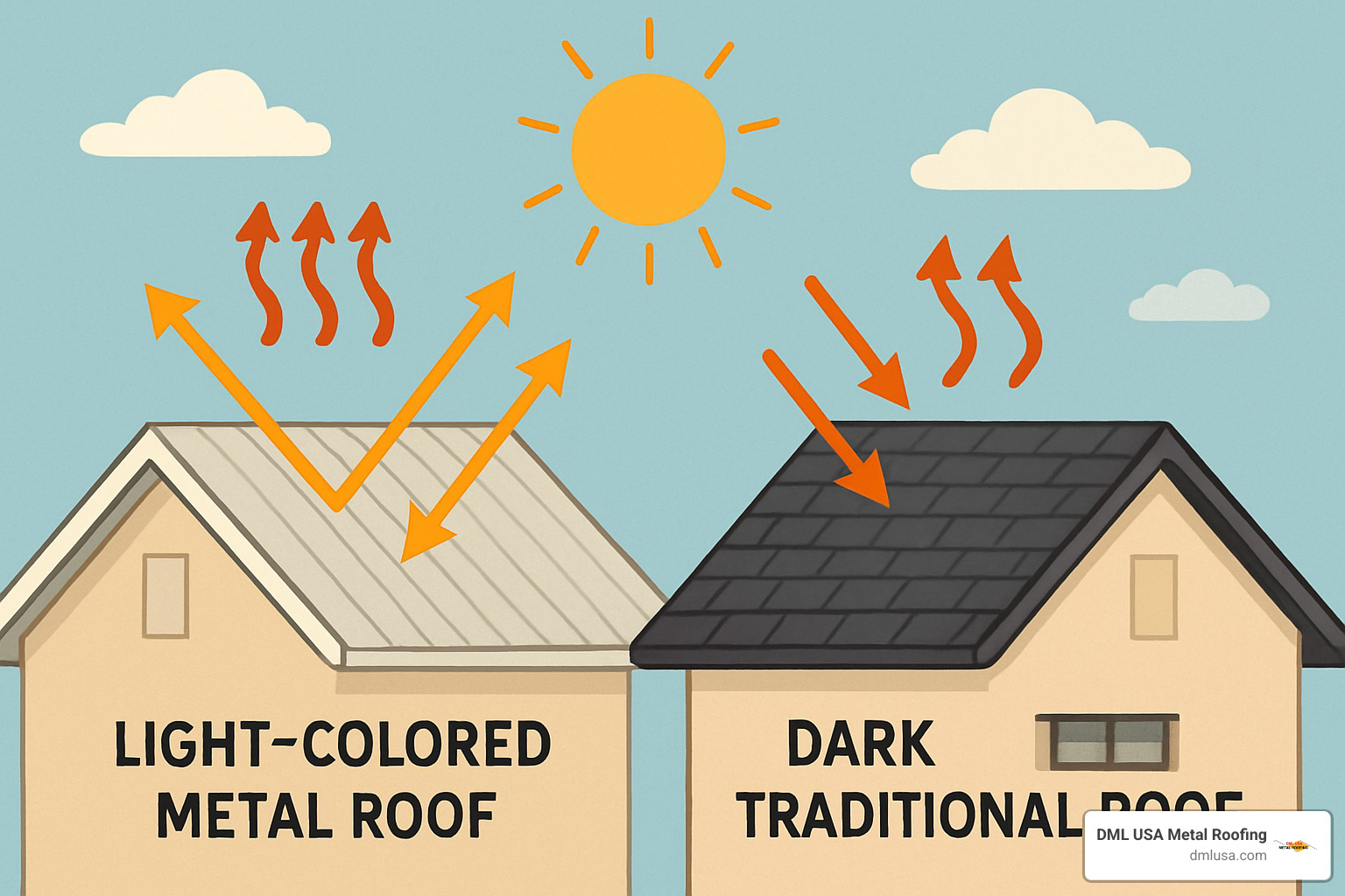 Illustration showing sun's rays bouncing off a light-colored metal roof versus being absorbed by a dark traditional roof - energy efficient roofing illinois