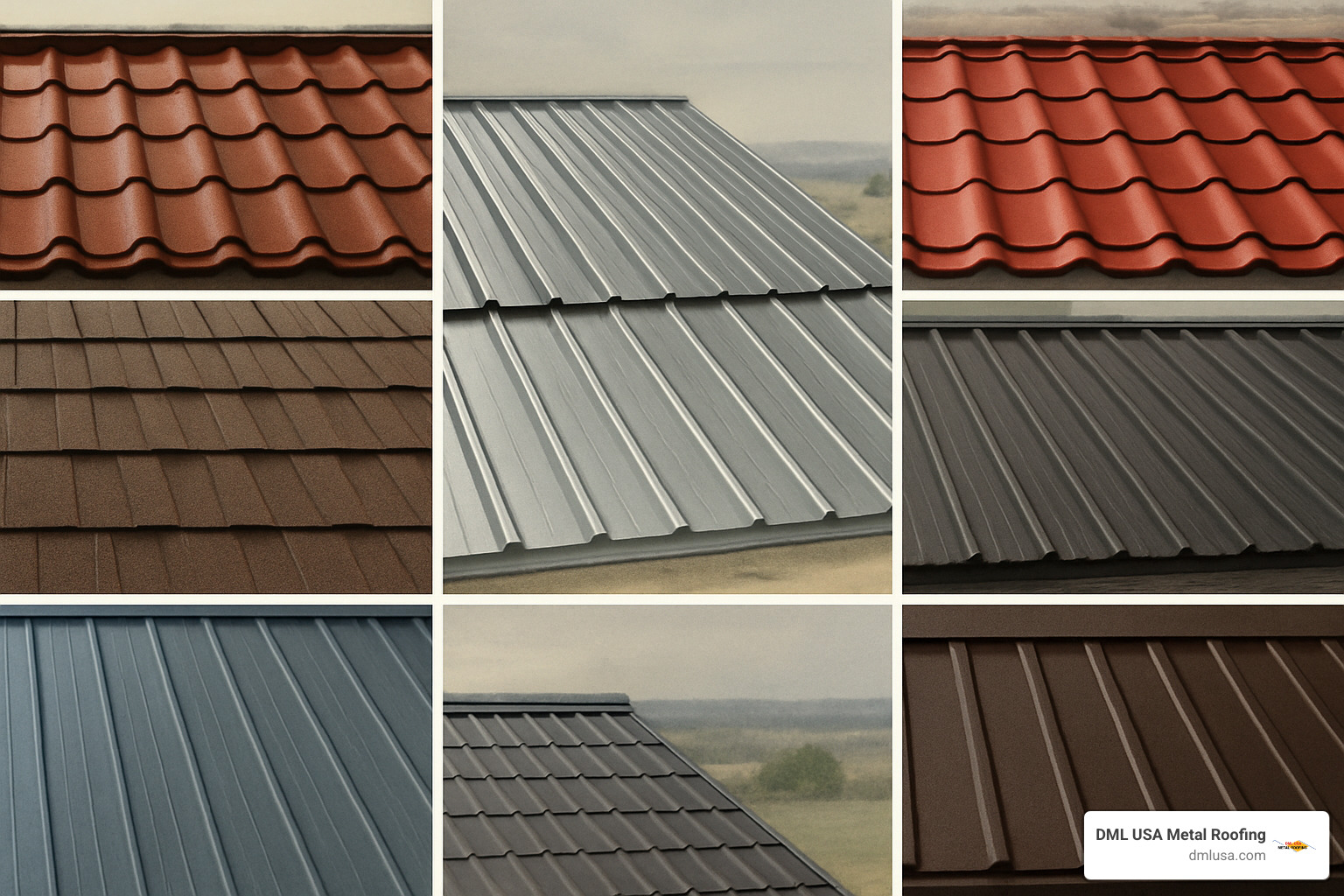 Collage showcasing different energy-efficient metal roofing styles and colors available for Illinois homes - energy efficient roofing illinois