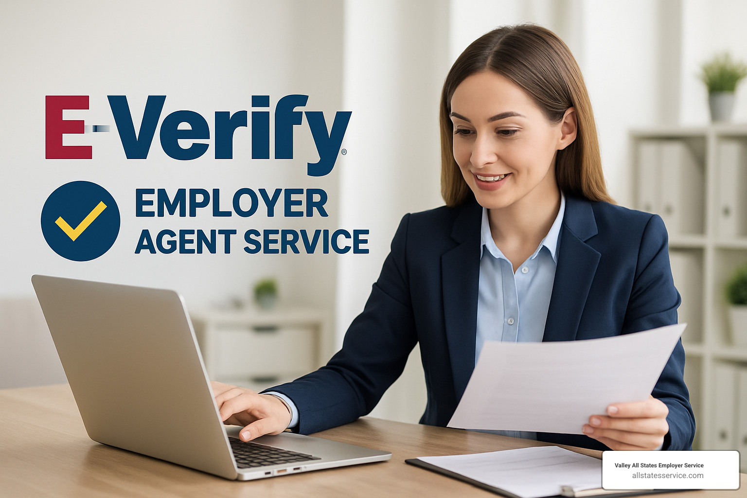 Simple workflow diagram showing four steps: 1. Employer completes I-9 form with new hire, 2. Employer submits I-9 data to E-Verify agent through secure portal, 3. Agent creates E-Verify case in government system, 4. Agent receives results and reports back to employer with employment authorization or guidance on next steps - e verify employer agent service