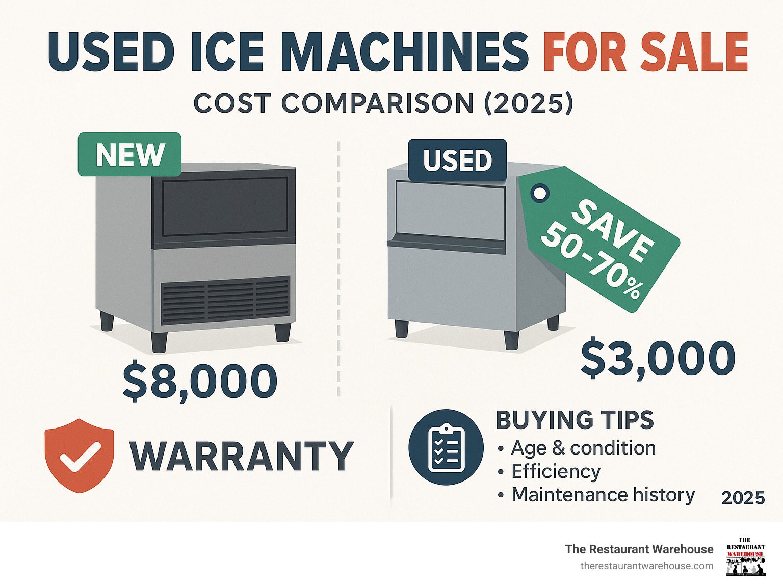 Infographic showing cost comparison between new and used commercial ice machines, including average savings of 50-70%, warranty options, and key factors to consider when buying used equipment - used ice machines for sale infographic 