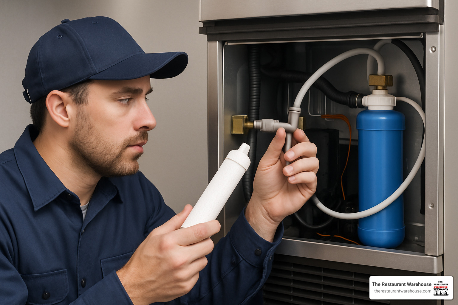 technician inspecting an ice machine's water line and filter - used ice machines for sale