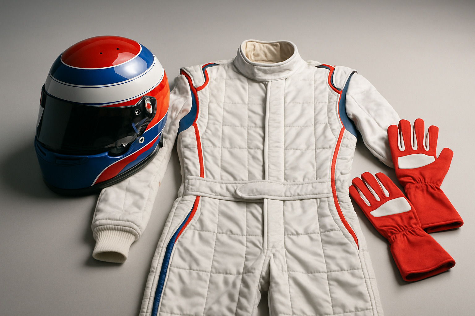 A driver's helmet, fire-retardant suit, and gloves laid out - racing car guides