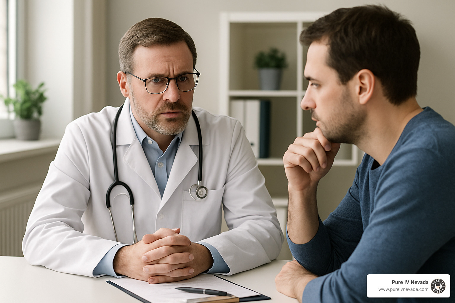 A person sitting across from a doctor in a well-lit office, engaged in a serious and thoughtful conversation - nad iv therapy detox