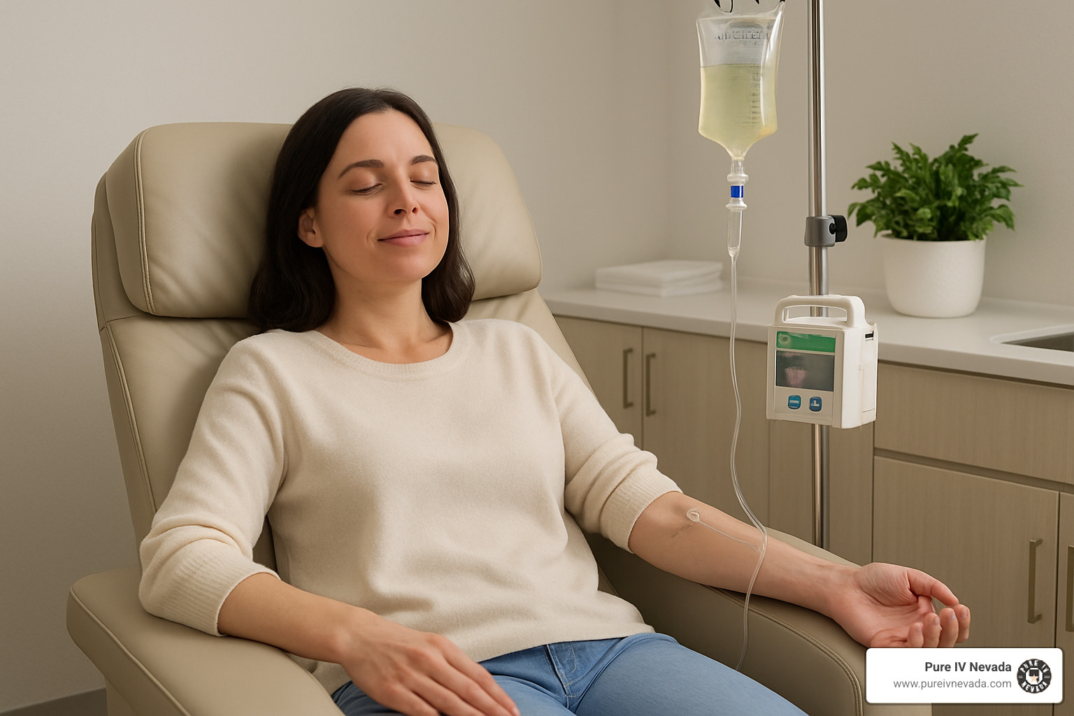 A person comfortably reclined during an IV therapy session, with a calm and professional medical environment in the background - nad iv therapy detox