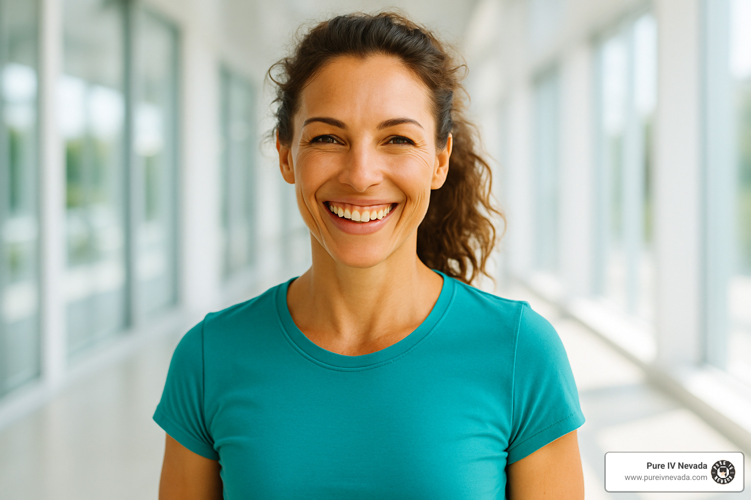 A vibrant, healthy-looking person smiling confidently in a bright, modern setting, symbolizing renewed vitality - nad iv therapy detox
