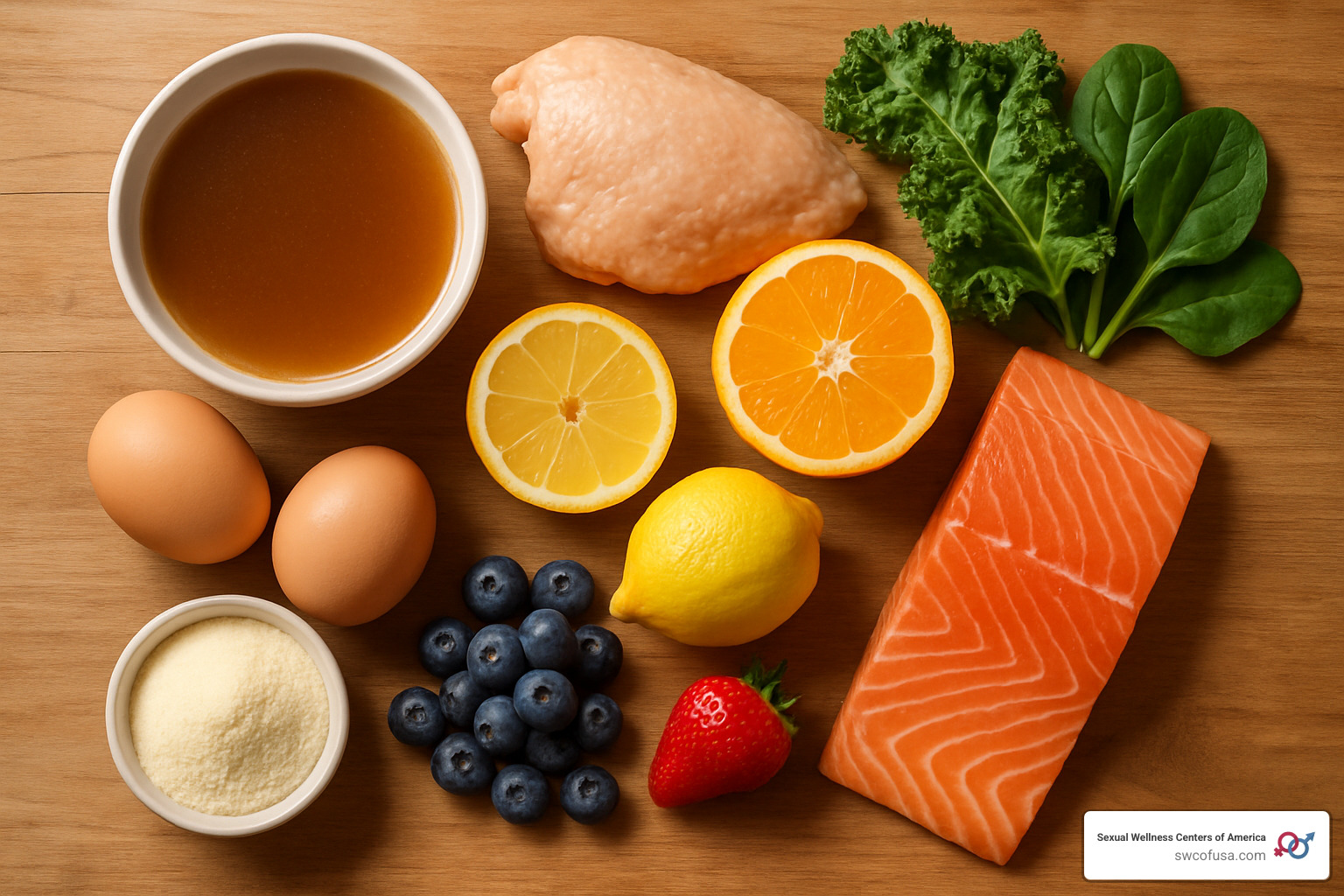 various forms of collagen-rich foods and nutrients, arranged aesthetically - peptide and collagen