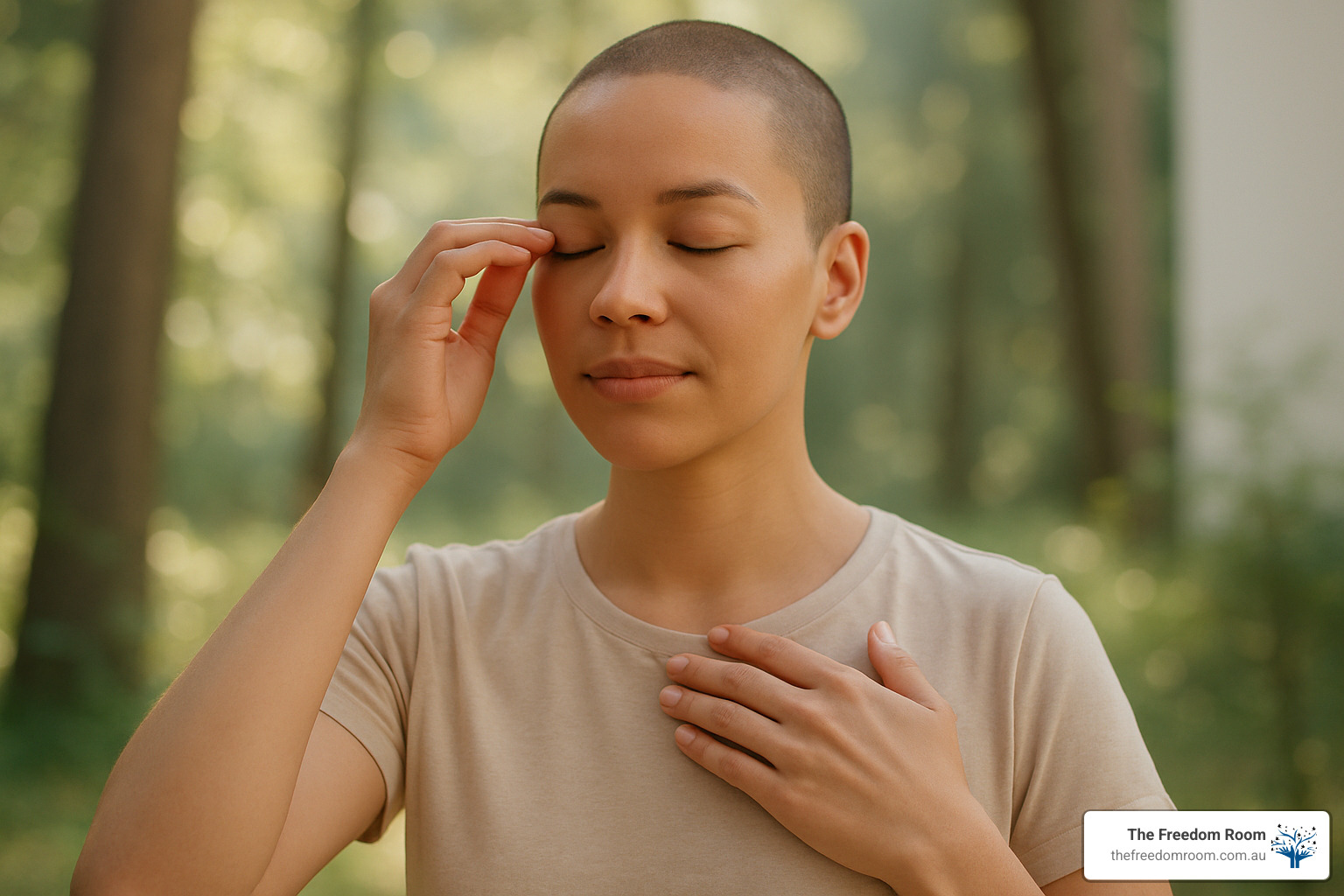 person performing the tapping sequence in a calm environment - tapping for anxiety relief