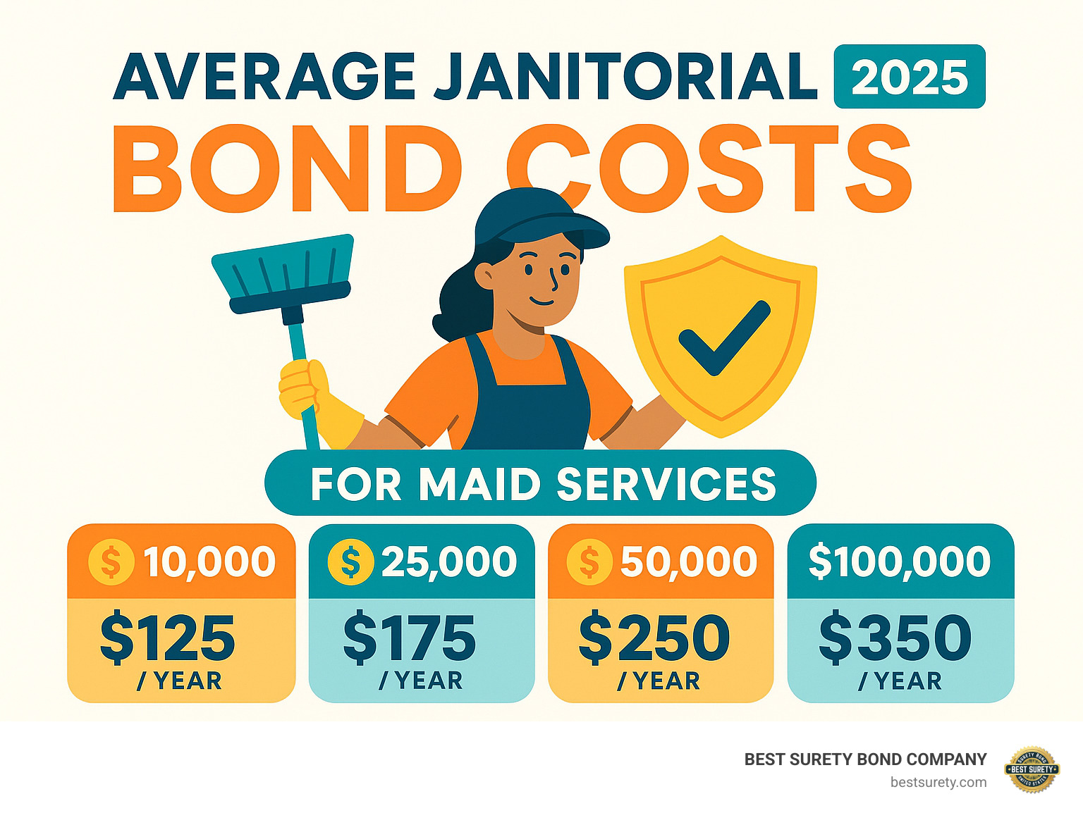 Infographic showing average janitorial bond costs: $125/year for $10,000 coverage, $175/year for $25,000 coverage, $250/year for $50,000 coverage, $350/year for $100,000 coverage - bonded maid service infographic