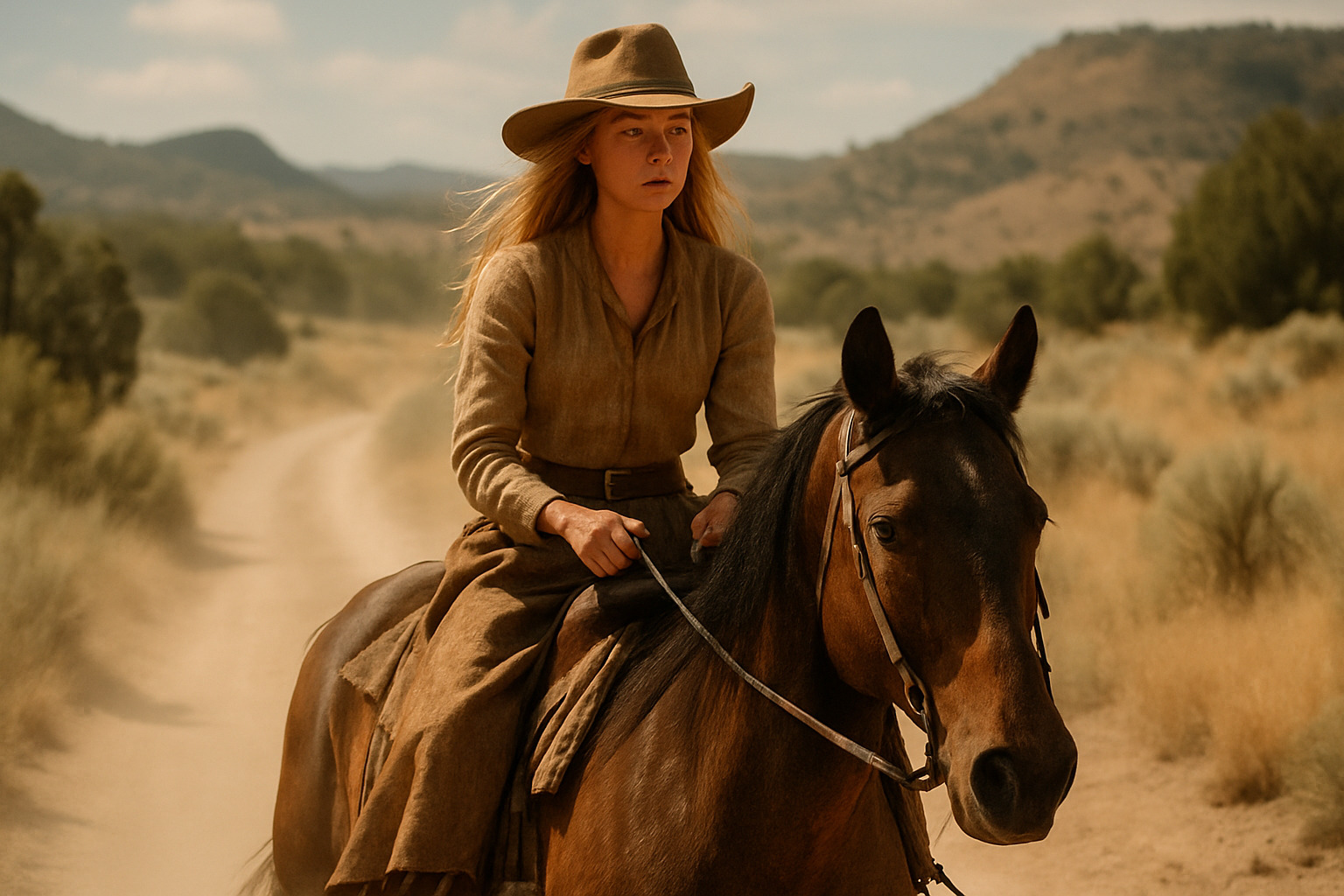 Isabel May as Elsa Dutton on horseback in 1883 - isabel may