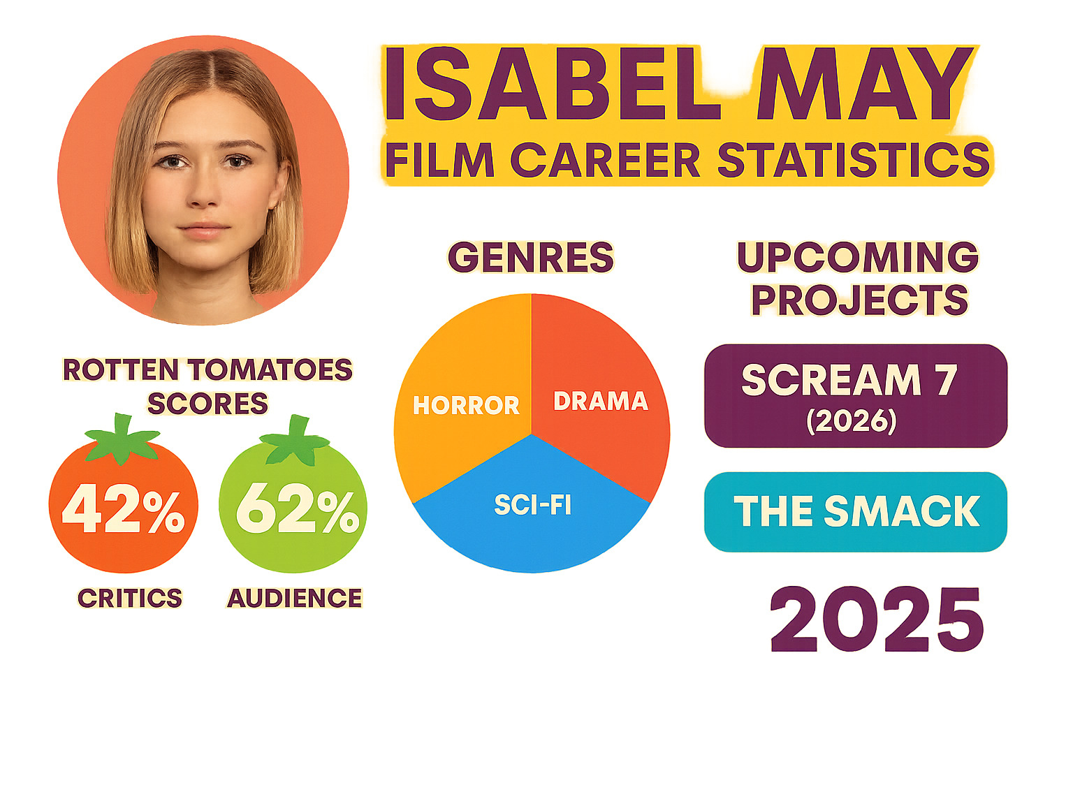 Infographic showing Isabel May's film career statistics including Rotten Tomatoes scores, genres explored, and upcoming projects - isabel may infographic 