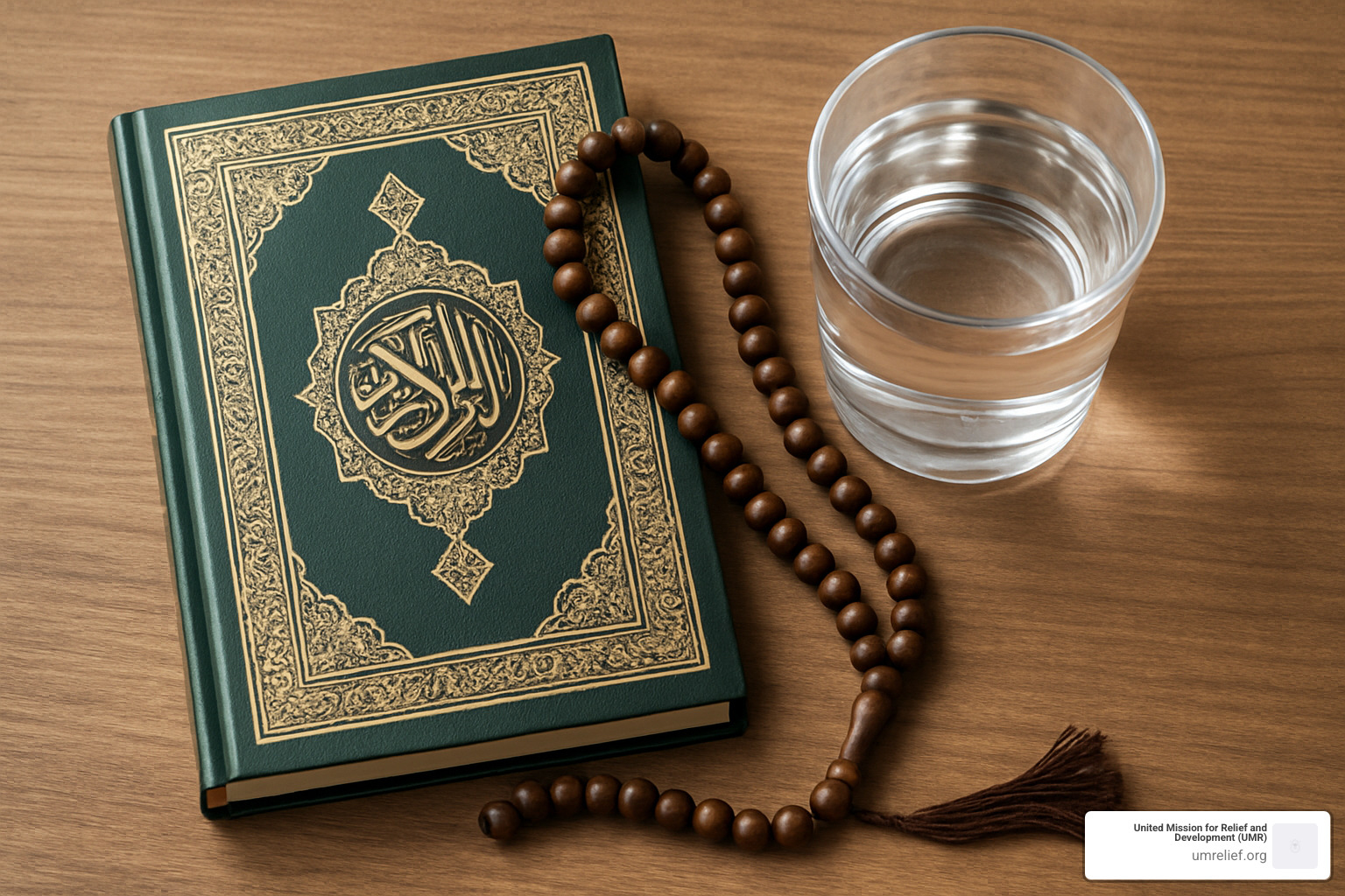Quran and prayer beads next to a glass of clean water - sadaqah jariyah water well