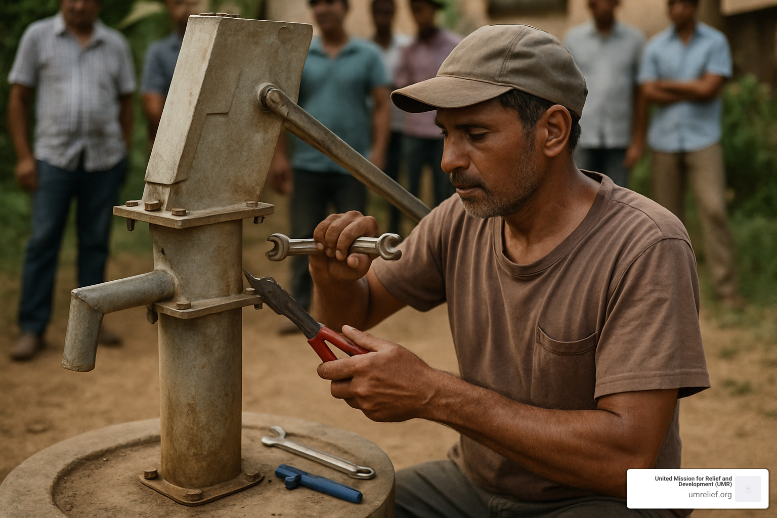 A local community member repairing a water pump with tools and training provided - sadaqah jariyah water well