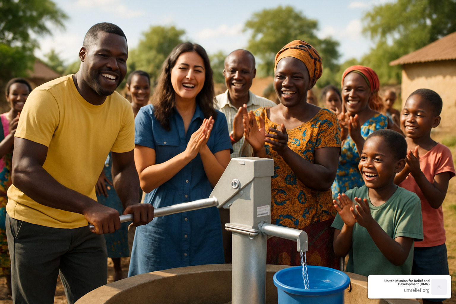 A newly constructed water well with a community gathered around it celebrating - sadaqah jariyah water well