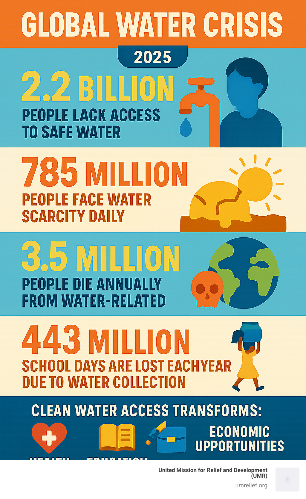 Infographic showing global water crisis statistics: 2.2 billion people lack safe water access, 785 million people face water scarcity daily, 3.5 million deaths annually from water-related diseases, 443 million school days lost due to water collection, and the transformative impact of clean water access on health, education, and economic opportunities - sadaqah jariyah water well infographic 