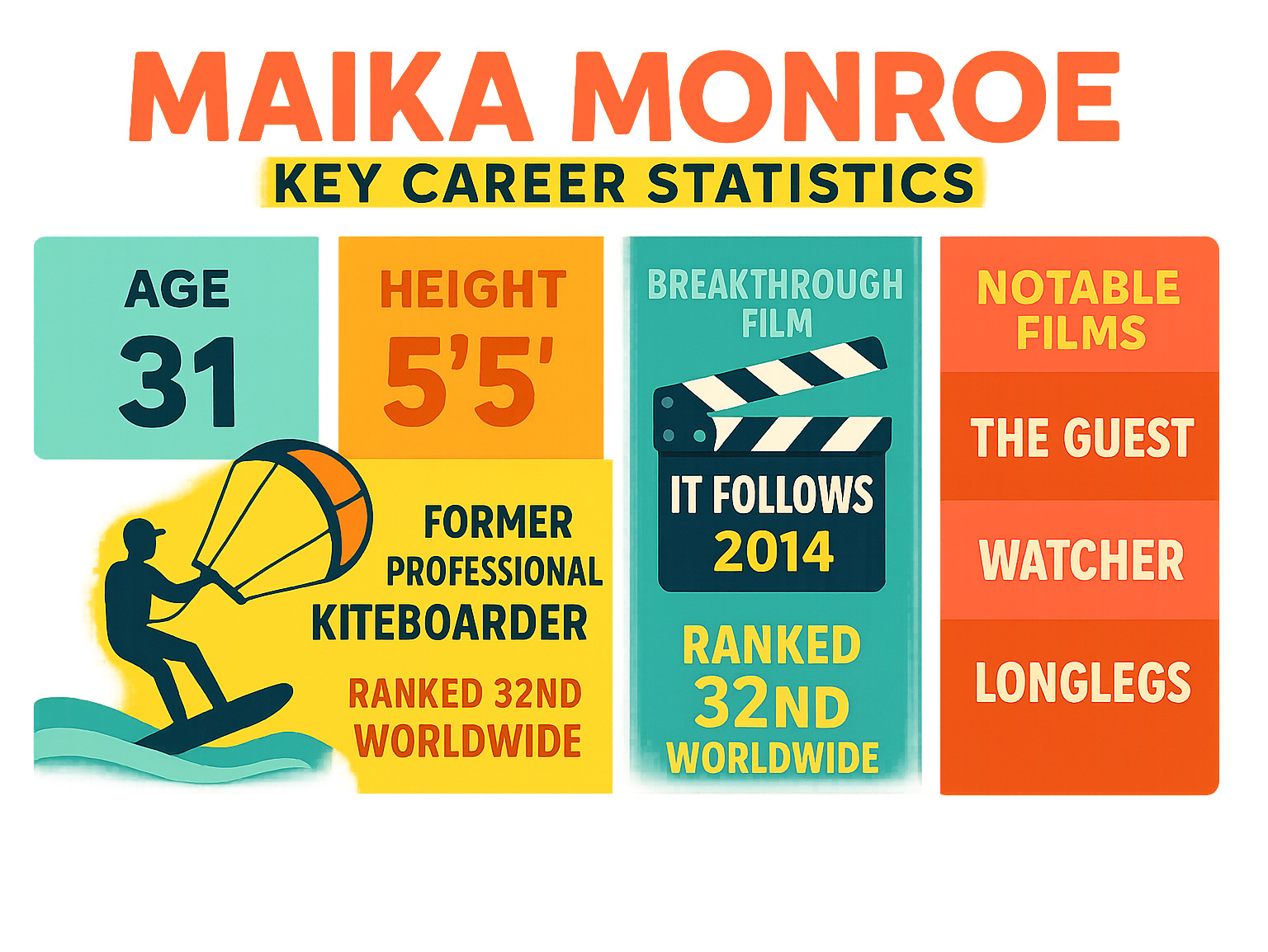 Infographic showing Maika Monroe's key career statistics: Age 31, Height 5'5", breakthrough film It Follows in 2014, former professional kiteboarder ranked 32nd worldwide, and notable films including The Guest, Watcher, and Longlegs - maika monroe infographic 