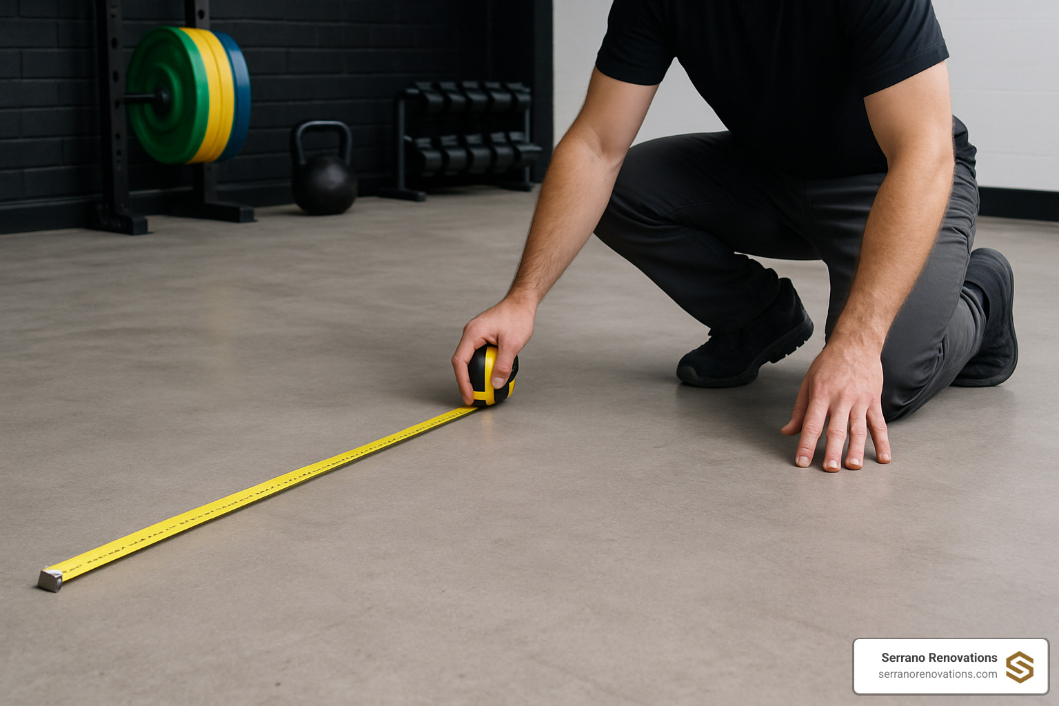 Clean, level concrete subfloor being measured and inspected before gym flooring installation - gym flooring installation